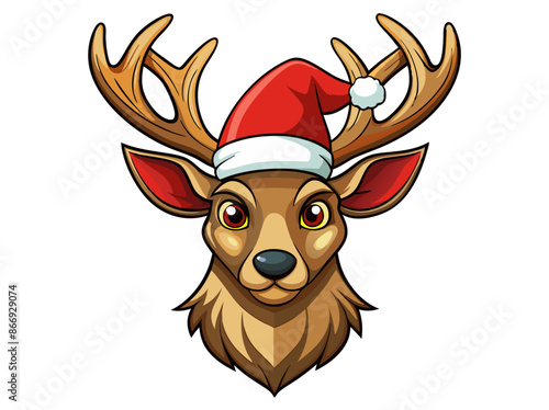 Cute deer head in Christmas Santa hat isolated on white background. Adorable reindeer in festive attire. Concept of holiday pets, Christmas animals, festive season. Print, logo, design element