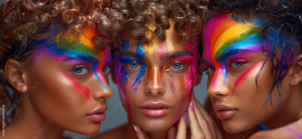 Young people bright make up standing next to each other smiling. One has iridescent paint on face Young people bright make up standing next to each other smiling. One has iridescent paint on face