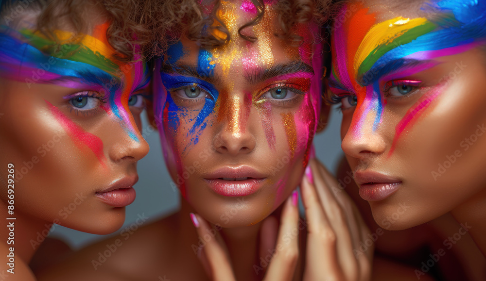 Obraz premium Young people bright make up standing next to each other smiling. One has iridescent paint on face