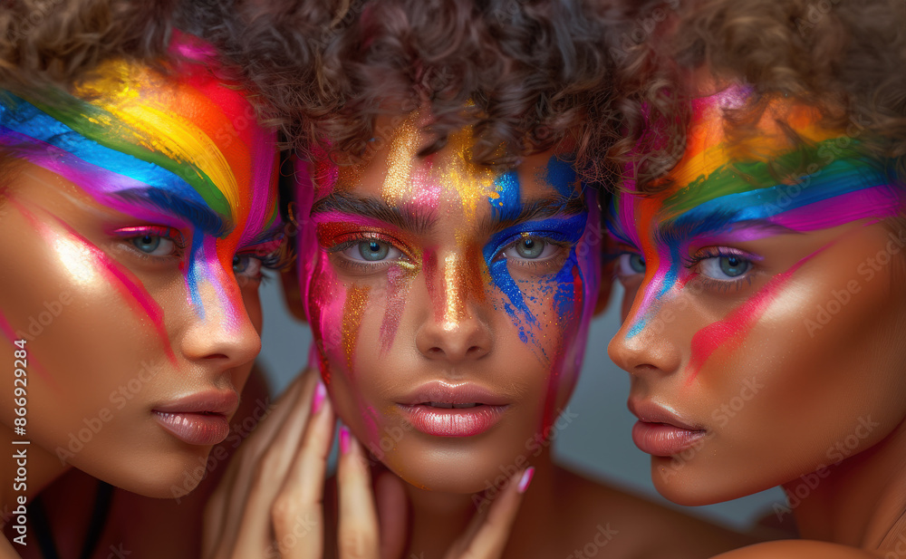 Young people bright make up standing next to each other smiling. One has iridescent paint on face Young people bright make up standing next to each other smiling. One has iridescent paint on face