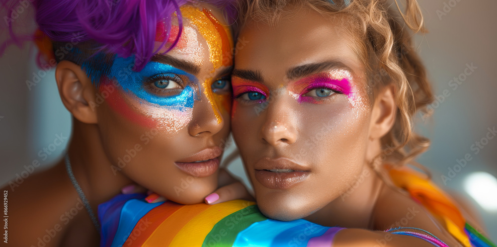 Obraz premium Young people bright make up standing next to each other smiling. One has iridescent paint on face