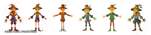 Set of Cartoon scarecrows with witch hats and colorful attires isolated on white background. Concept of Halloween, autumn, spooky character, farm decoration. Print, digital art, design element