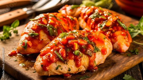 Delicious marinated chicken breasts, ready to be grilled. The chicken is generously covered with a bright 