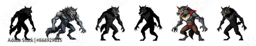 Set of cartoon werewolves isolated on a white background. Concept of Halloween character, mythical creature, monster, horror, fantasy, nightmare. Print, design element, illustration