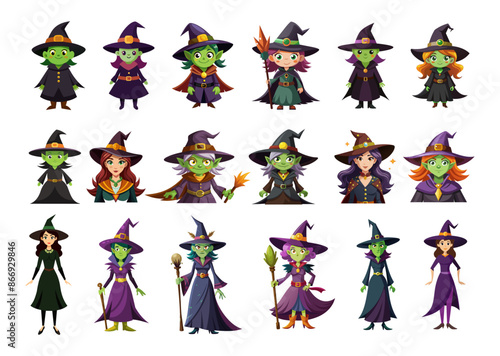 Big Set of cartoon witches with pointed hats and robes, isolated on white background. Concept of Halloween, fantasy, magic, female characters, sorceresses, spells, witchcraft. Prints, design elements