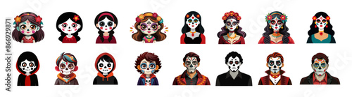 Set of women, men and kids with Day of the Dead makeup. People with sugar skull face paint. Isolated on white background. Concept of Dia de los Muertos, Mexican cultural tradition, festival, Halloween
