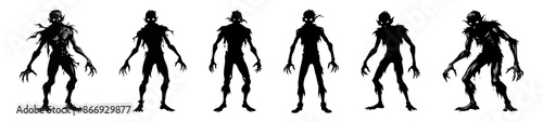 Set of Black silhouettes of scary cartoon zombies isolated on a white background. Concept of undead monsters, horror illustration, Halloween character, spooky design element. Print, art