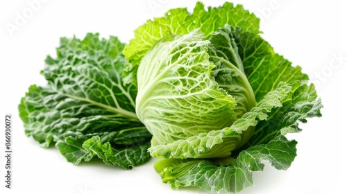 Fresh savoy cabbage with green leaves on white background, healthy food concept photo