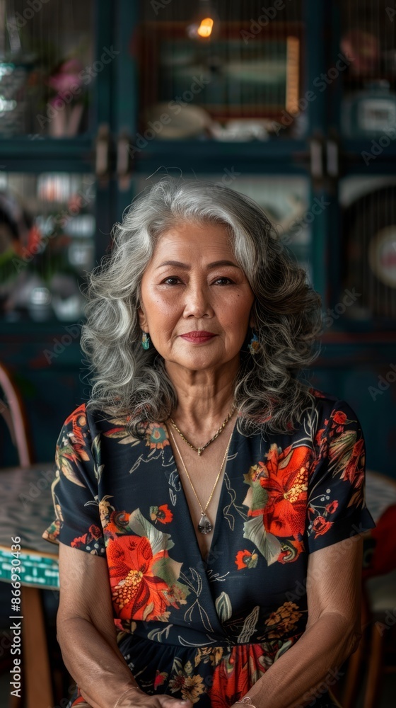 Middle-aged Thai woman with a floral dress Middle-aged Thai woman with a floral dress