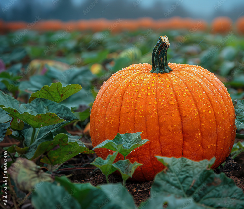Obraz premium Close up single large pumpkin in pumpkin field, surrounded by green plants and other pumpkins