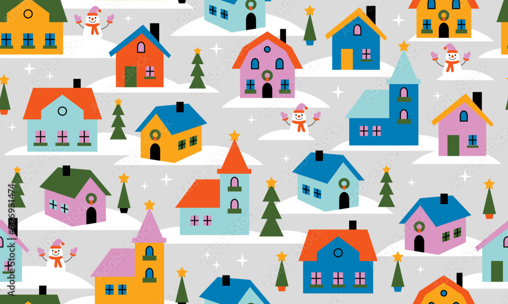 Seamless pattern with winter landscape with cute houses, trees and snow. Celebrating Christmas and New Year. Winter wonderland in countryside. Cute festive Christmas seamless pattern Seamless pattern with winter landscape with cute houses, trees and snow. Celebrating Christmas and New Year. Winter wonderland in countryside. Cute festive Christmas seamless pattern