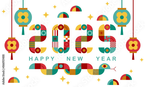 Happy Chinese new year 2025 year of the snake zodiac sign. Snake is symbol of 2025. Cute snake on light background