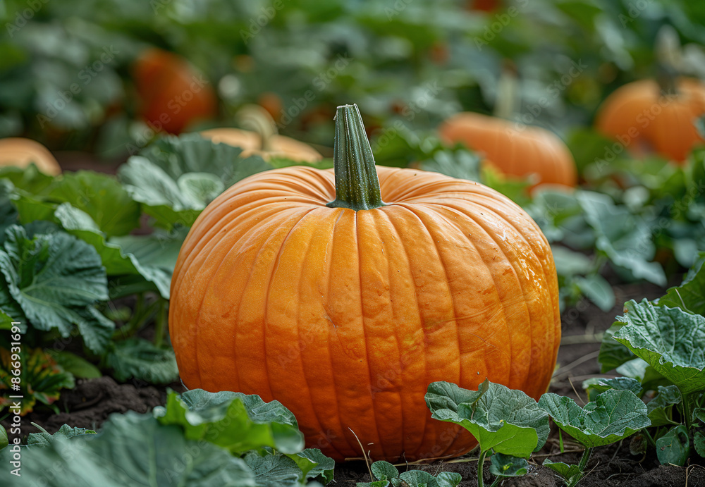 Obraz premium Close up single large pumpkin in pumpkin field, surrounded by green plants and other pumpkins