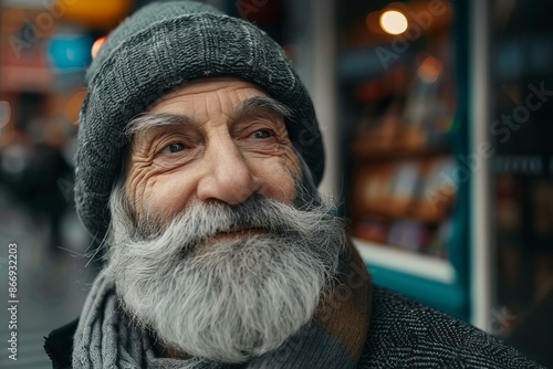 Portrait of a happy senior man with a grey beard and beanie smiling slightly while standing outdoors © ylivdesign