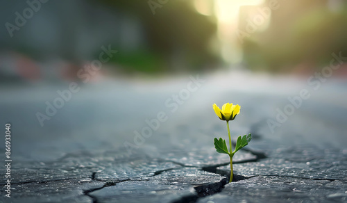 A small flower growing from the crack of an asphalt road, hope, resilience in life or business , challenging times and success concept