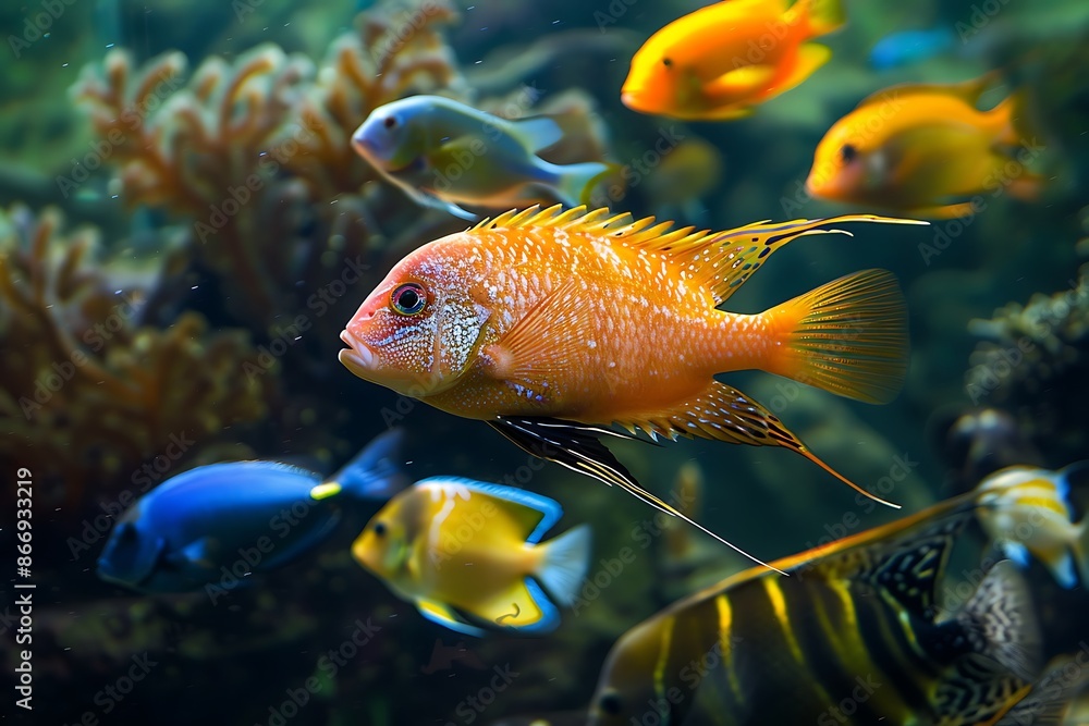 A group of different colored fish swimming in a school A group of different colored fish swimming in a school