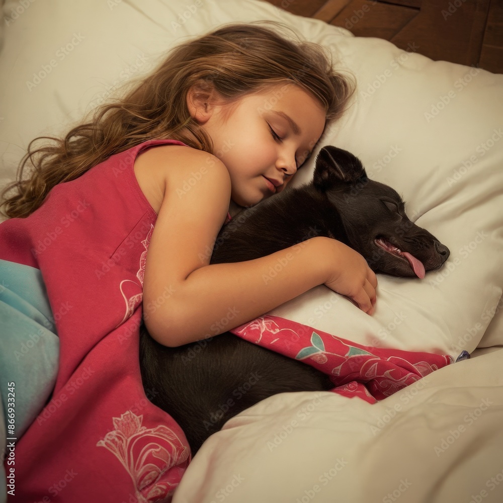 This is a heartwarming image of a young girl and her black dog sharing a peaceful moment together This is a heartwarming image of a young girl and her black dog sharing a peaceful moment together