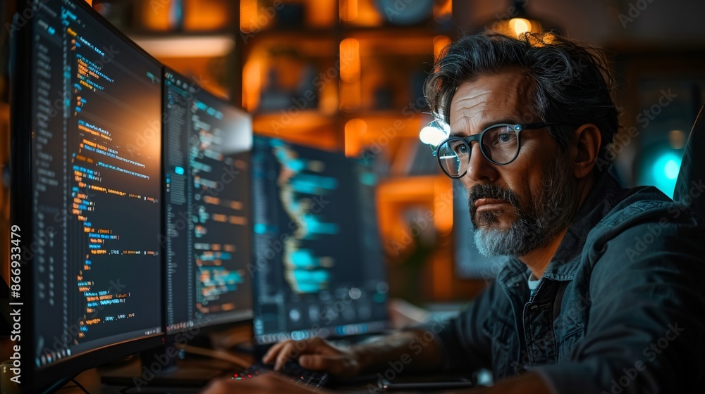 A focused coder sits at a workstation, lines of code reflected on the screen, illuminated by ambient lighting in a modern office.
A focused coder sits at a workstation, lines of code reflected on the screen, illuminated by ambient lighting in a modern office.