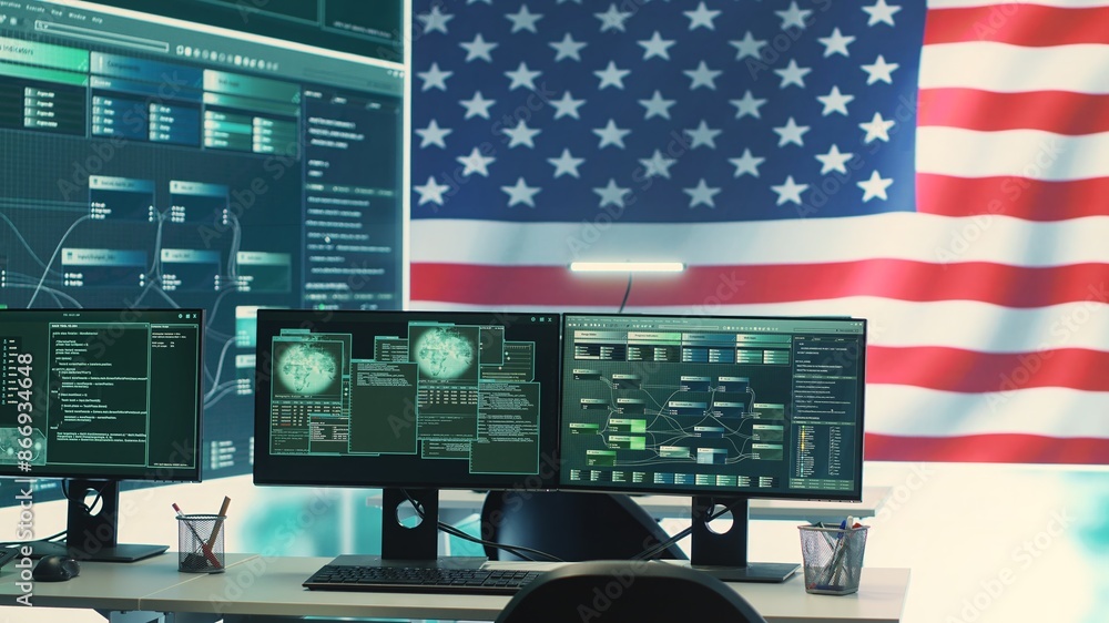 Foto de Empty digital operations room with an american flag running on ...