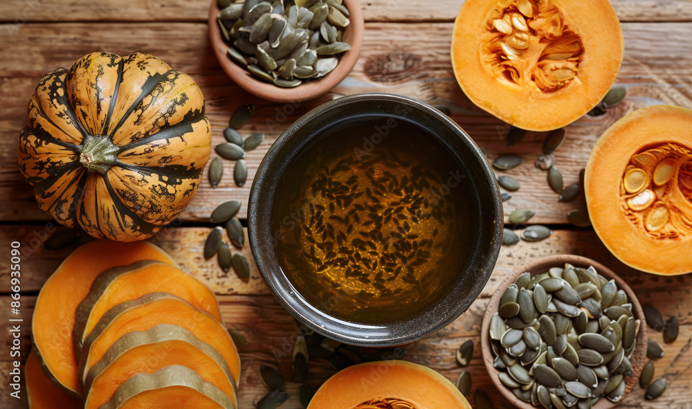 Rustic still life photograph whole pumpkins and ceramic bowl filled with green pumpkin seeds Rustic still life photograph whole pumpkins and ceramic bowl filled with green pumpkin seeds