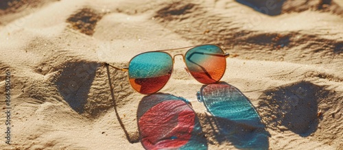 Colorful sunglasses on sandy beach under sunlight casting shadows. Stylish eyewear with tinted lenses, representing summer vibes. Symbolizing summer holidays and relaxation. photo