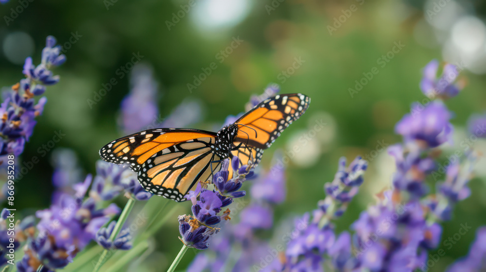 Naklejka premium Beautiful delicate little butterfly sitting on a lavender flower close up. macro photography