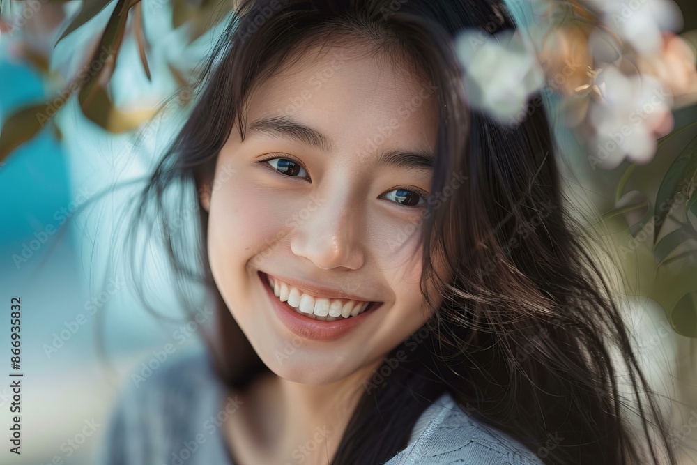 Beautiful young woman is happily smiling under spring flowers blooming on branches Beautiful young woman is happily smiling under spring flowers blooming on branches