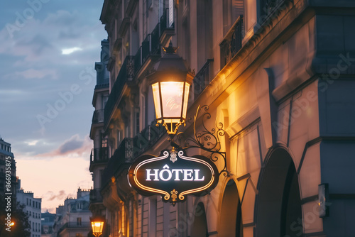 Illuminated Parisian hotel sign taken at dusk