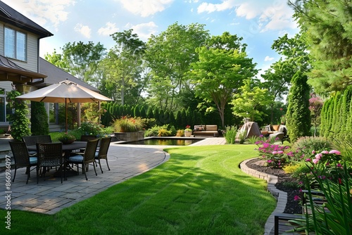 Fototapeta Naklejka Na Ścianę i Meble -  Beautiful backyard of a house with a swimming pool and a landscaped garden on a sunny day