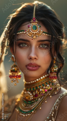 Indian woman with traditional jewelry, looking serene