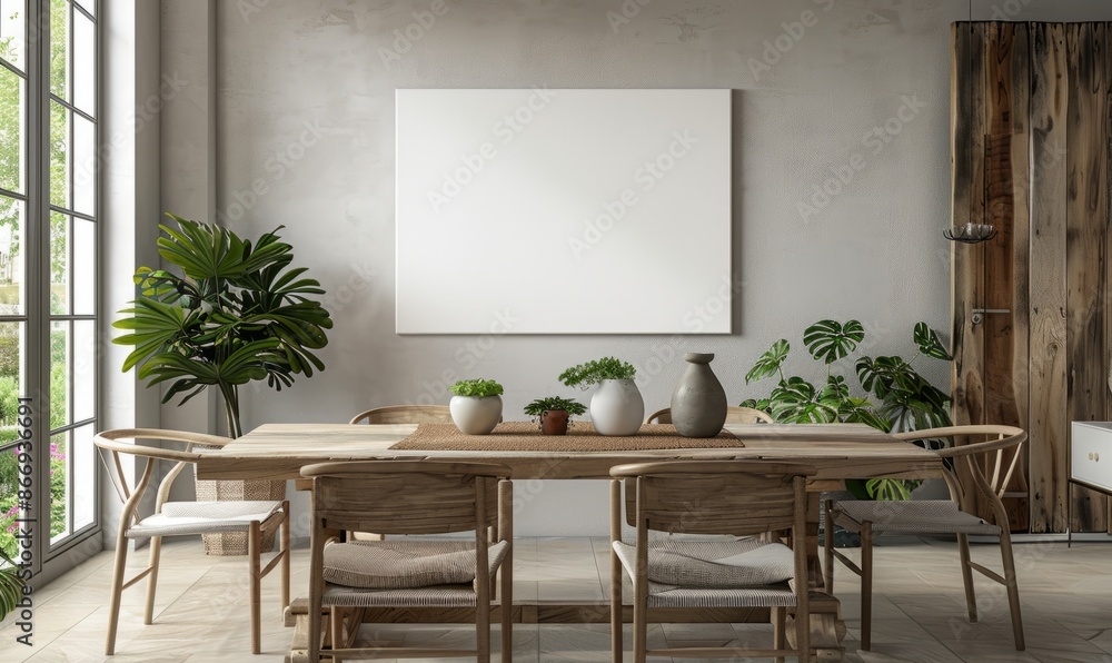 Elegant dining room with a blank canvas on the wall Elegant dining room with a blank canvas on the wall
