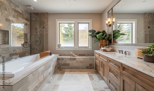 Serene bathroom with a blank frame above the vanity © Станислав Козаков