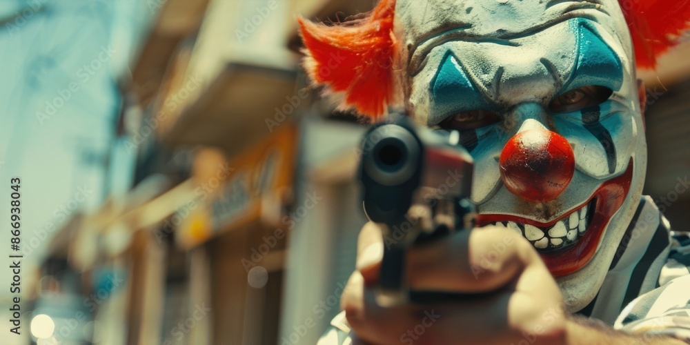Man dressed as clown with gun