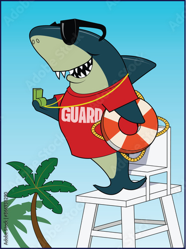 A cartoon shark as a life guard.