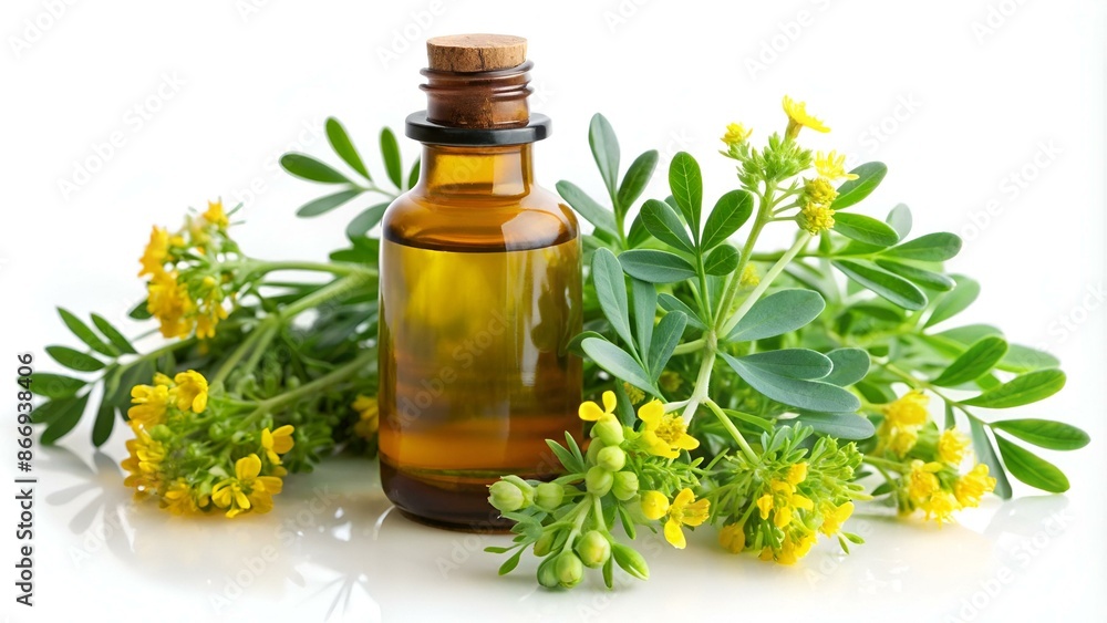 Rue branch with flowers and a bottle of essential oil isolated o Rue branch with flowers and a bottle of essential oil isolated o