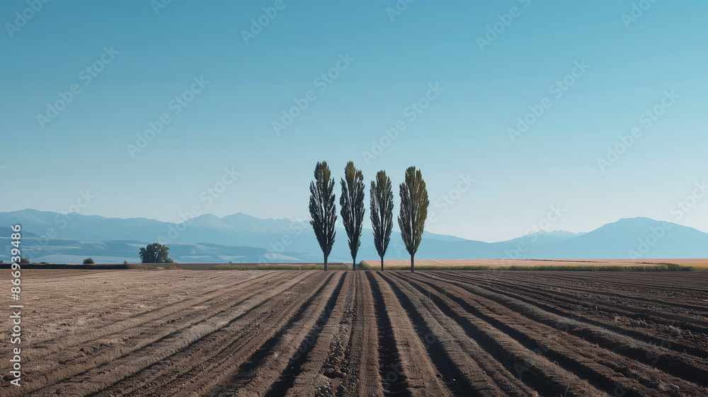 Obraz premium 三本の木と青空の静かな風景