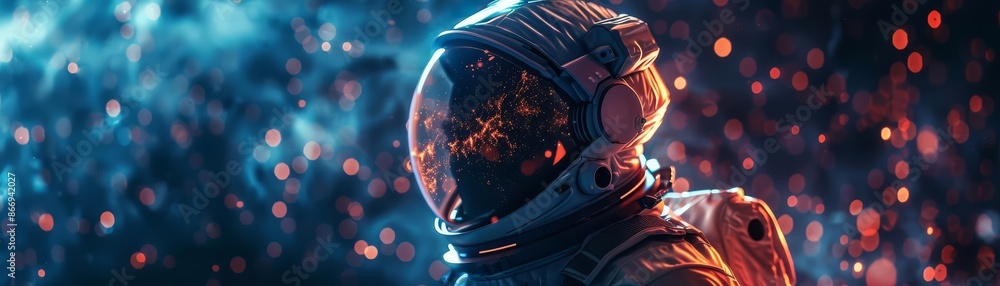 Futuristic Astronaut in Space Suit and Helmet Against Cosmic Background, Copy Space, Futuristic Astronaut in Space Suit and Helmet Against Cosmic Background, Copy Space,