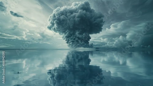 Colossal mushroom cloud rises over a reflective water surface, signaling powerful energy unleashed