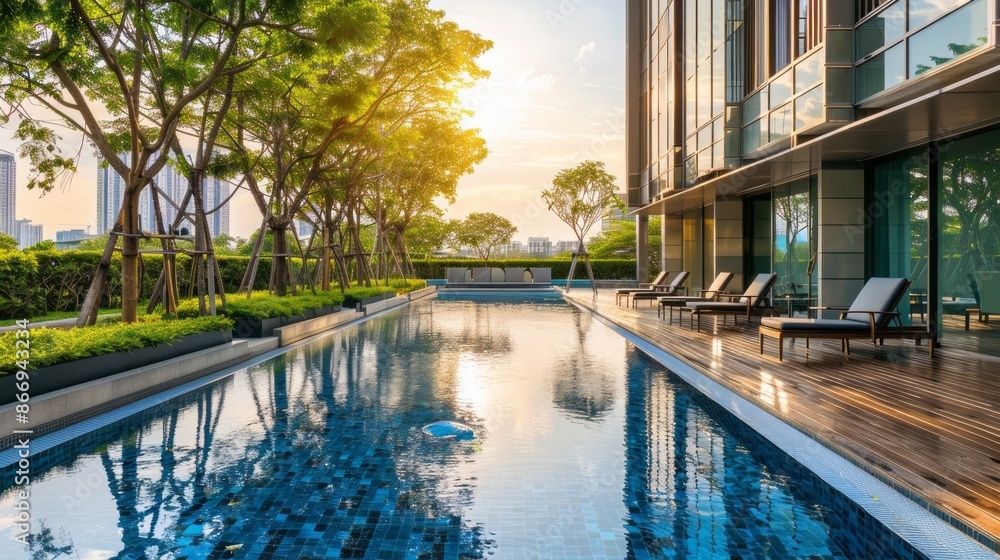 Fototapeta premium A modern building with a pristine swimming pool, surrounded by lush greenery and a wooden deck with lounge chairs