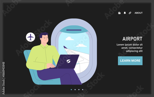 People in the airport. Traveling character working on a laptop during a flight
