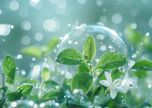 glass ball with water droplets on it, surrounded by green leaves and a white flower. The background is blurred, generative ai