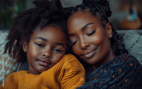 A close-up portrait of a mother and daughter embracing indoors. The mother is looking down at her daughter with a soft smile, while the daughter looks away from the camera