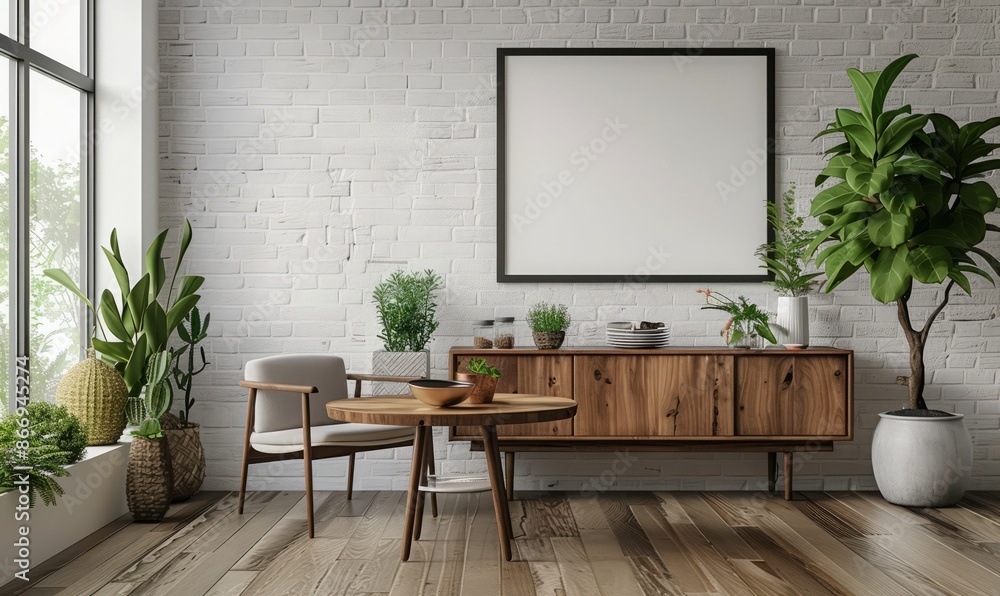 Serene dining room with a blank frame above the buffet Serene dining room with a blank frame above the buffet