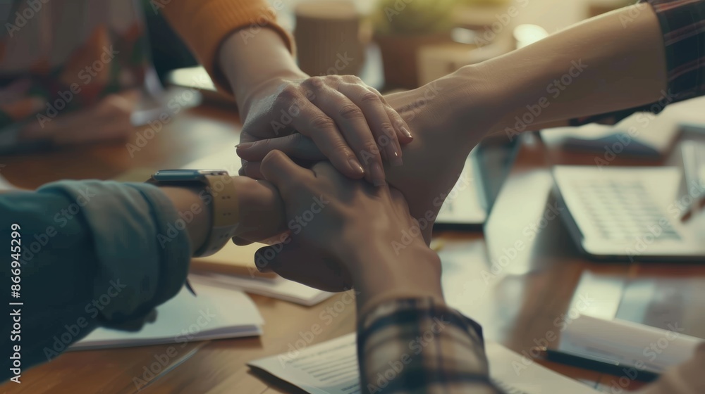 Obraz premium Group of diverse professionals coming together at a table in the office, symbolizing their unity and determination to achieve a shared objective