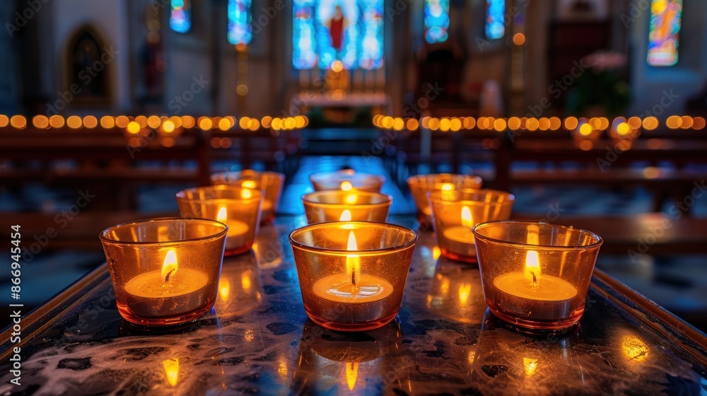 A lit candle in a church with a lit candle in front of it A lit candle in a church with a lit candle in front of it