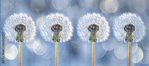 Dandelion seed dispersal in the air on soft blue backdrop with bokeh effects for serene visuals photo