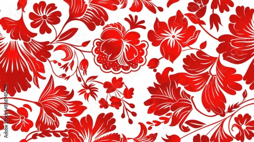 Red floral ornament in Khokhloma style on white background for traditional Russian folk art and decorative design. photo
