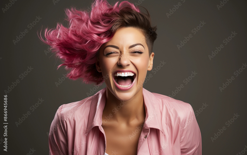 A woman with pink hair laughs loudly during a photo shoot, showcasing her bright smile A woman with pink hair laughs loudly during a photo shoot, showcasing her bright smile