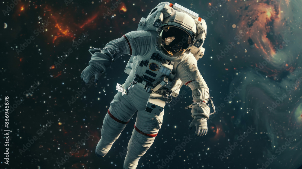 A lone astronaut floats in the vast expanse of space, their white spacesuit a stark contrast against the dark backdrop of stars and a distant nebula A lone astronaut floats in the vast expanse of space, their white spacesuit a stark contrast against the dark backdrop of stars and a distant nebula