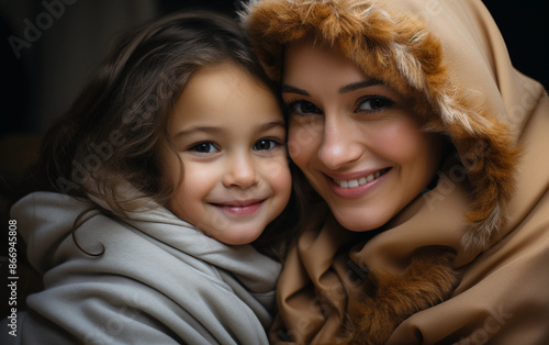 A close-up photo of a mother and daughter smiling at each other, wrapped in warmth and affection